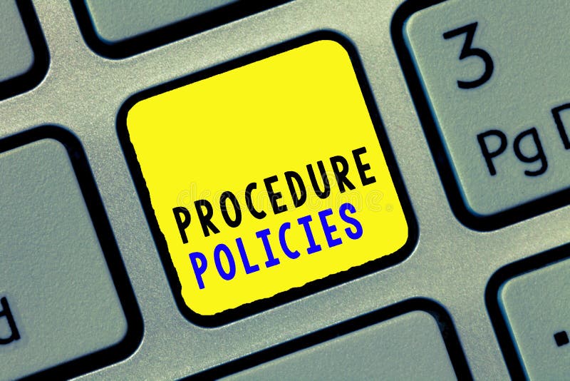 Begriffshandschrift, die Verfahrens-Politik zeigt Geschäftsfototext tritt zu den Leitlinien-Regeln und lizenzfreies stockbild