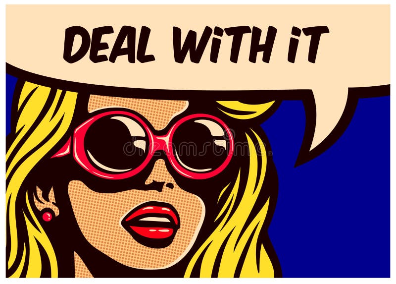 Behandel het! De uitstekende onverstoorbare onverschillige vrouw van het pop-art grappige boek met soundglasses vectorillustratie stock illustratie Behandel het! De uitstekende onverstoorbare onverschillige vrouw van het pop-art grappige boek met soundglasses vectorillustratie stock illustratie