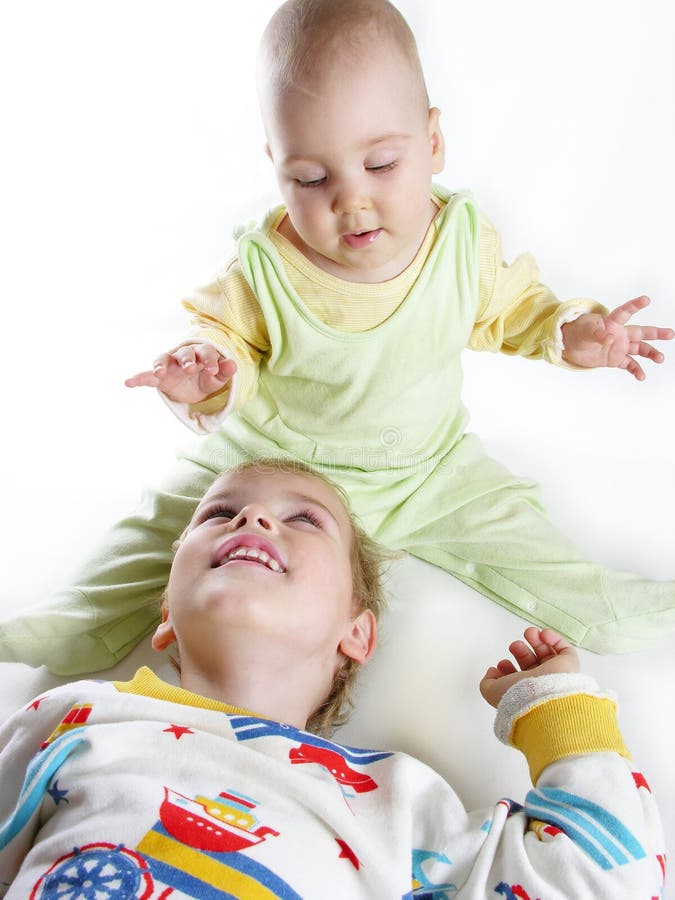 Child with baby on white. Child with baby on white