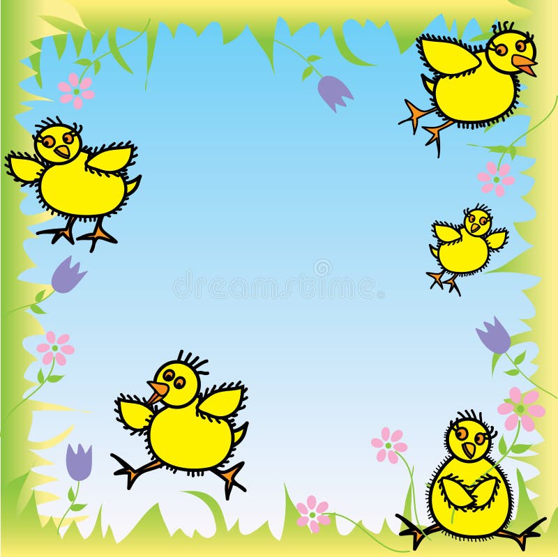 Happy Baby Chicks ready for Easter on blue background with grass frame boarder and flowers. Happy Baby Chicks ready for Easter on blue background with grass frame boarder and flowers