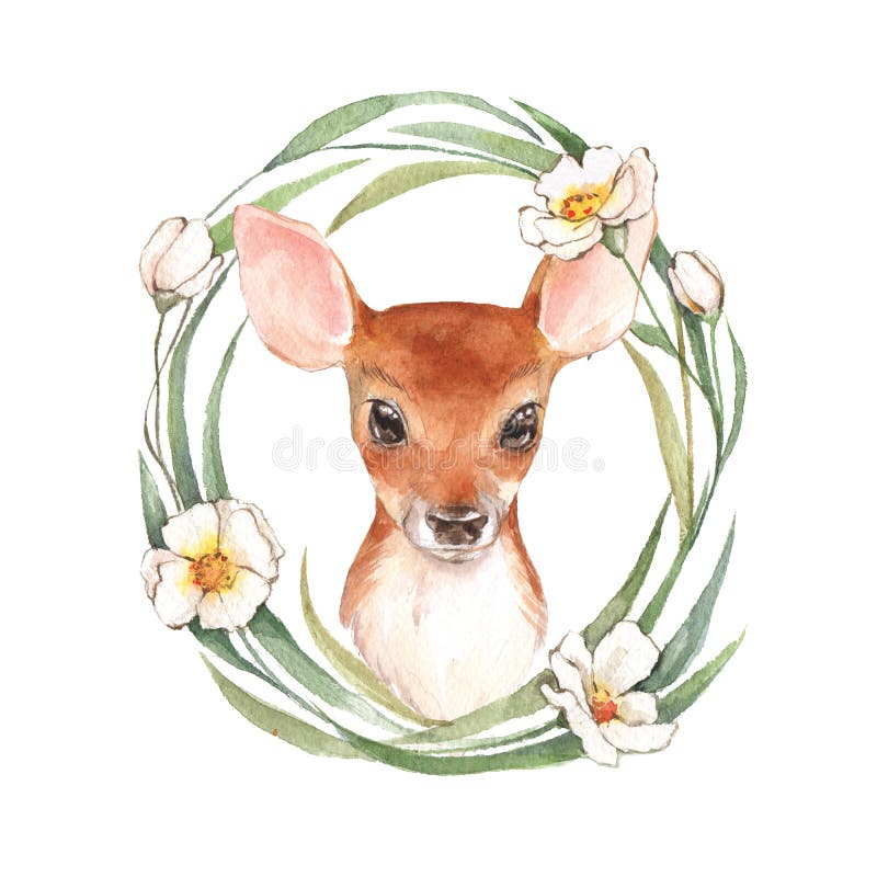 Behandla som ett barn hjortar och blommor vattenfärg stock illustrationer Behandla som ett barn hjortar och blommor vattenfärg stock illustrationer