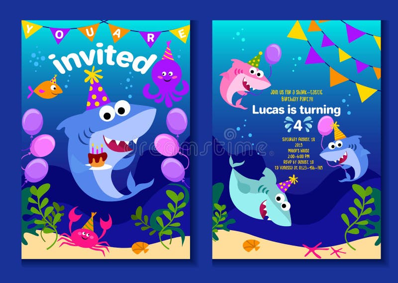 Behandla som ett barn kort för hajpartiinbjudan Hälsningkort för lycklig födelsedag i tecknad filmstil med under havsvärldsdjuren vektor illustrationer Behandla som ett barn kort för hajpartiinbjudan Hälsningkort för lycklig födelsedag i tecknad filmstil med under havsvärldsdjuren vektor illustrationer