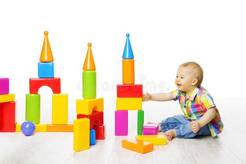 Baby Kid Play Block Toys Building, Child Boy Constructor Playing Bricks Game, Children Room over White. Baby Kid Play Block Toys Building, Child Boy Constructor Playing Bricks Game, Children Room over White