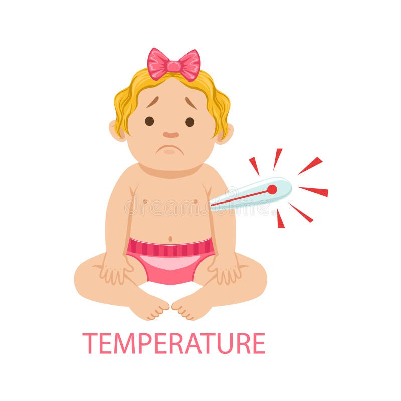 Behandla som ett barn lite flickan i Nappy med termometern har feber, del av anledningar av spädbarnet som det är den olyckliga o royaltyfri illustrationer Behandla som ett barn lite flickan i Nappy med termometern har feber, del av anledningar av spädbarnet som det är den olyckliga o royaltyfri illustrationer