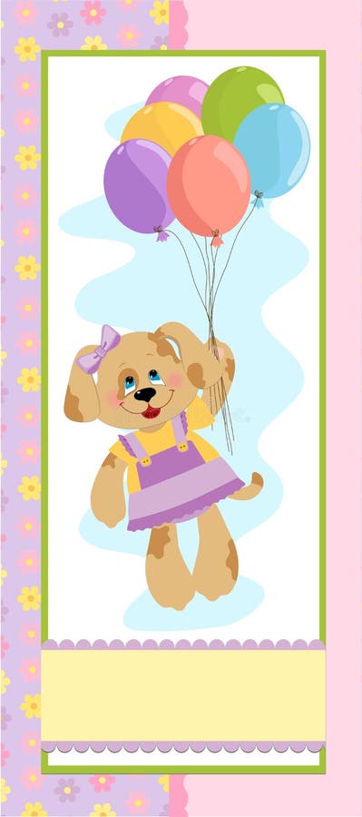 Baby's banner or postcard with doggy and balloons. Baby's banner or postcard with doggy and balloons