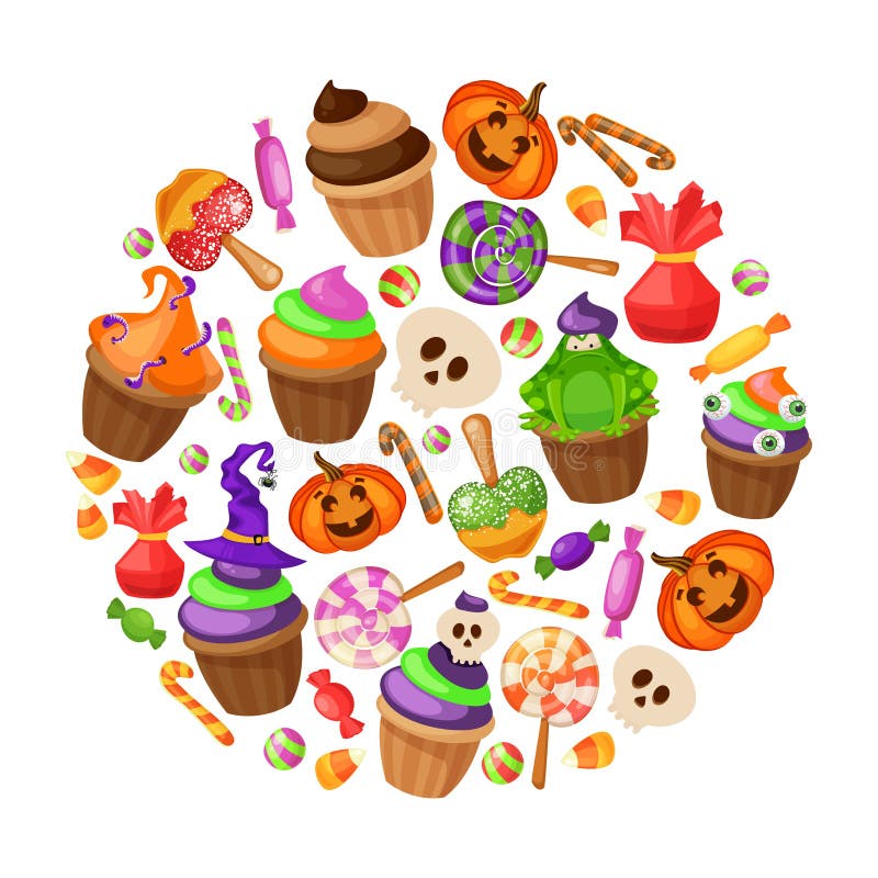 Trick or Treat. Traditional sweets and candies for holiday Halloween. Muffins, cupcakes, cakes decorated in Halloween style . Round banner isolated on white background. Retro cartoon style vector illustration. Trick or Treat. Traditional sweets and candies for holiday Halloween. Muffins, cupcakes, cakes decorated in Halloween style . Round banner isolated on white background. Retro cartoon style vector illustration.