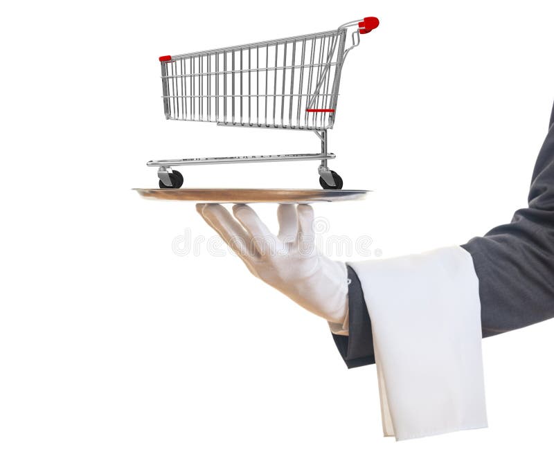 Behandskad hand som rymmer ett silveruppläggningsfat med en tom shoppingspårvagn som isoleras på vit bakgrund illustration 3d royaltyfri fotografi Behandskad hand som rymmer ett silveruppläggningsfat med en tom shoppingspårvagn som isoleras på vit bakgrund illustration 3d royaltyfri fotografi