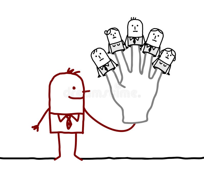 Boss with five puppets employees on fingers - hand drawn cartoon characters. Boss with five puppets employees on fingers - hand drawn cartoon characters