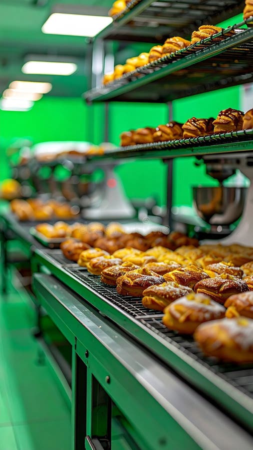 Fresh Donuts on Cooling Racks in a Modern Bakery vector illustration