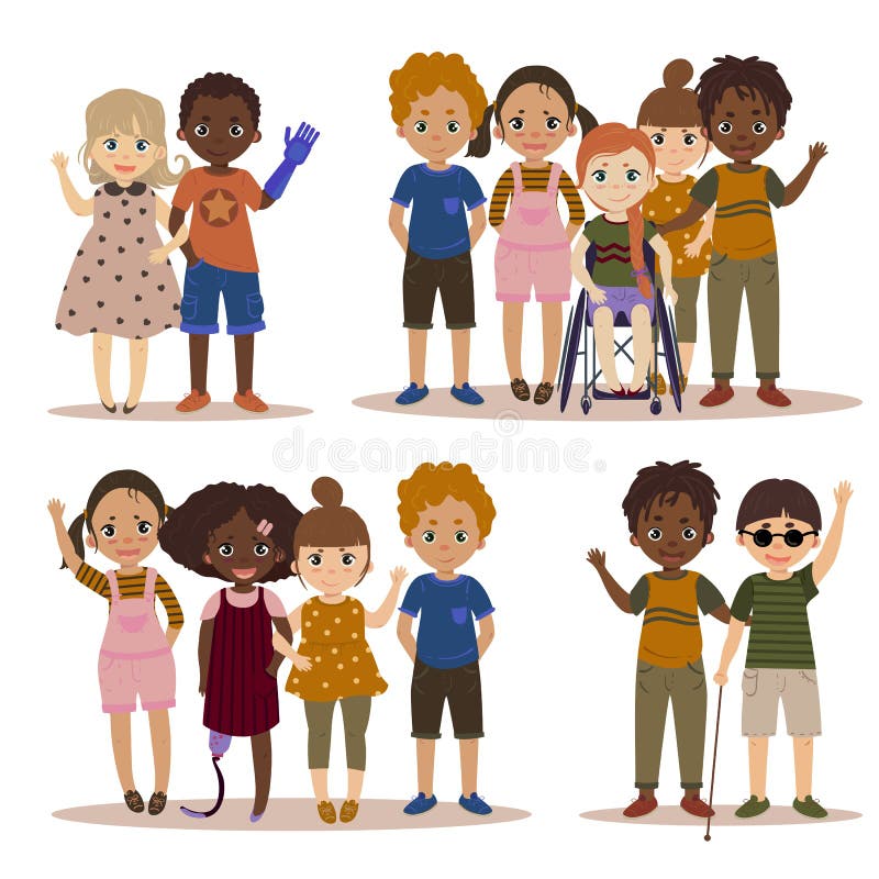 Behinderte Kinder mit Freunden lizenzfreie abbildung Behinderte Kinder mit Freunden lizenzfreie abbildung