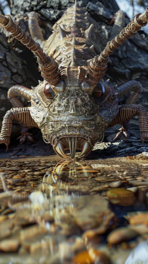 Incredible Detail of a Fantasy Creature A Highly Detailed Artistic Depiction of an Imaginary Insect Like Creature with Intricate. Behold the intricate splendor of an ethereal insect-like creature! Its multifaceted exoskeleton shimmers like a thousand tiny mirrors, reflecting the vibrant hues of its natural surroundings Each vein, antenna, and appendage is rendered with breathtaking detail, inviting viewers on a journey into the realm of the fantastic AI Generative