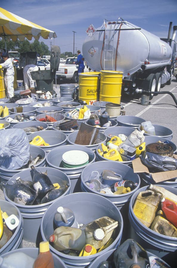 Containers of used oil and other toxic household chemicals awaiting further disposal at a Unocal station in Los Angeles, California. Containers of used oil and other toxic household chemicals awaiting further disposal at a Unocal station in Los Angeles, California