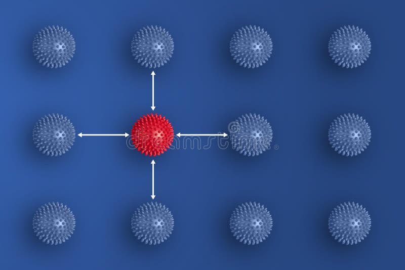 Keep social distance warning sign. Preventive measures during pandemic of Covid-19 coronavirus quarantine. Abstract illness ball keeps distance near other balls on blue background. Keep social distance warning sign. Preventive measures during pandemic of Covid-19 coronavirus quarantine. Abstract illness ball keeps distance near other balls on blue background