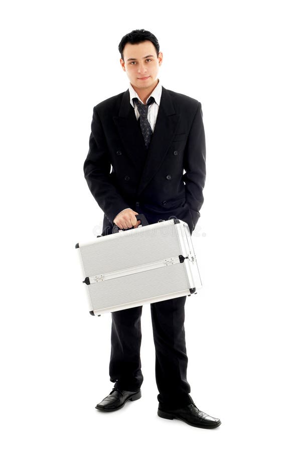 Picture of businessman with metal container over white background. Picture of businessman with metal container over white background