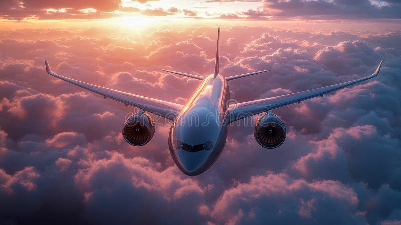 Bei klarem Sonnenaufgang steigt ein modernes Passagierflugzeug über den Wolken stockbilder