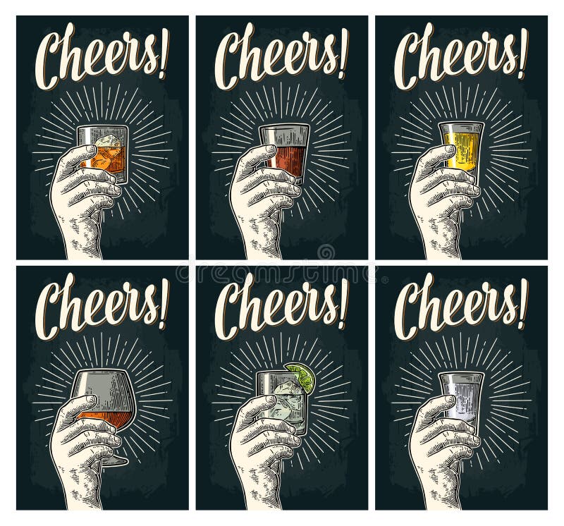 Beifallbeschriften Übergeben Sie Griff Glasweinbrand, Tequila, Gin, Rum, Whisky vektor abbildung Beifallbeschriften Übergeben Sie Griff Glasweinbrand, Tequila, Gin, Rum, Whisky vektor abbildung