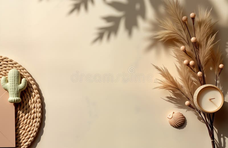 Beige background with minimal design. Inviting flatlay template with envelope, dry floral branch, decorative cactus. Suitable for royalty free stock photography