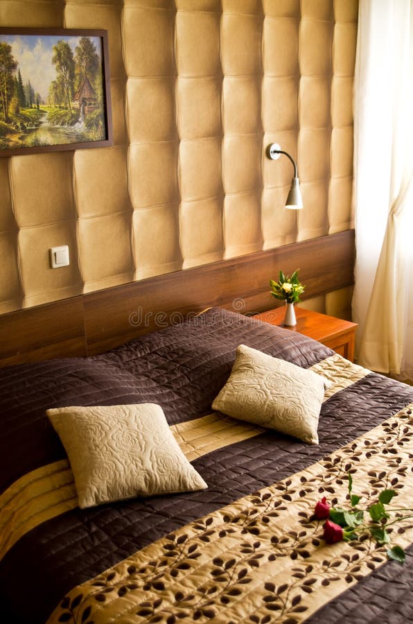 Beige and brown bedroom stock photo. Image of wood, table 31679978