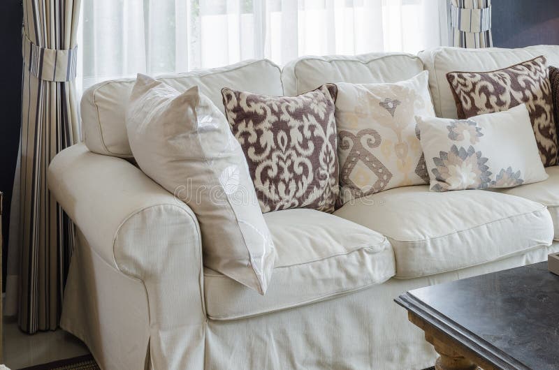 Beige Color Sofa and Pillows in Living Room Stock Image Image of