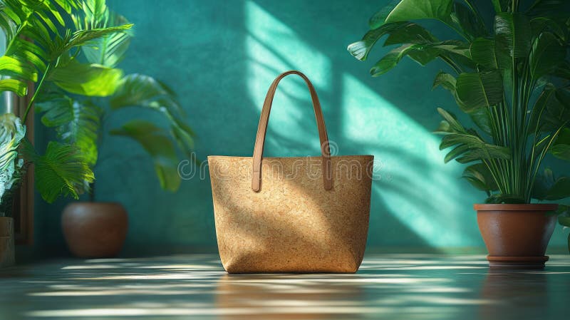 Beige Cork Tote Bag Mockup con le foglie naturali sullo sfondo bianco fotografia stock libera da diritti