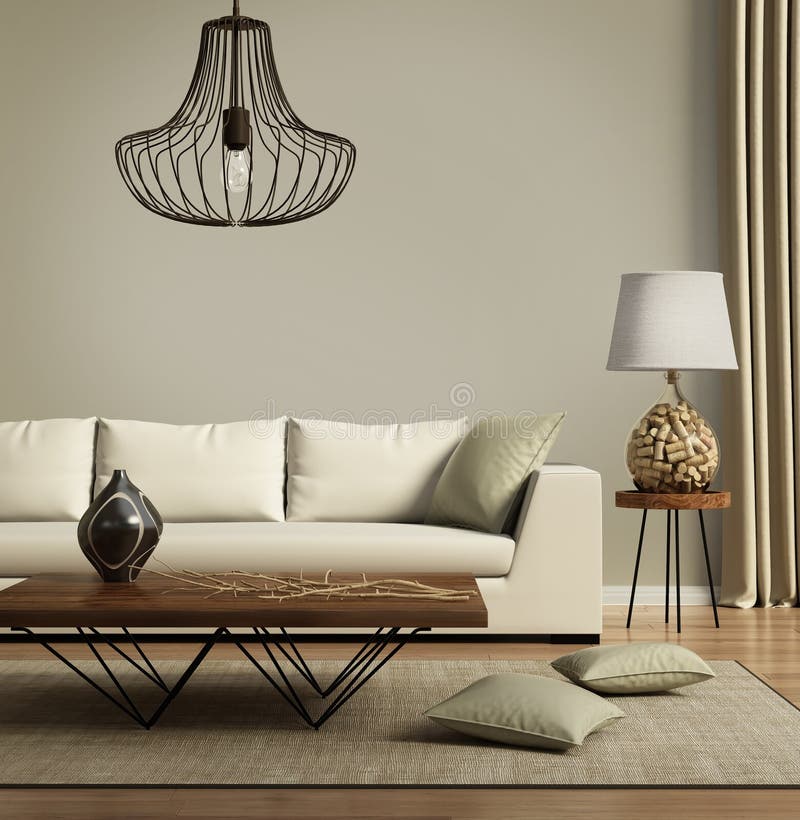 Beige eigentijdse moderne bank met groene kussens royalty-vrije stock afbeelding Beige eigentijdse moderne bank met groene kussens royalty-vrije stock afbeelding