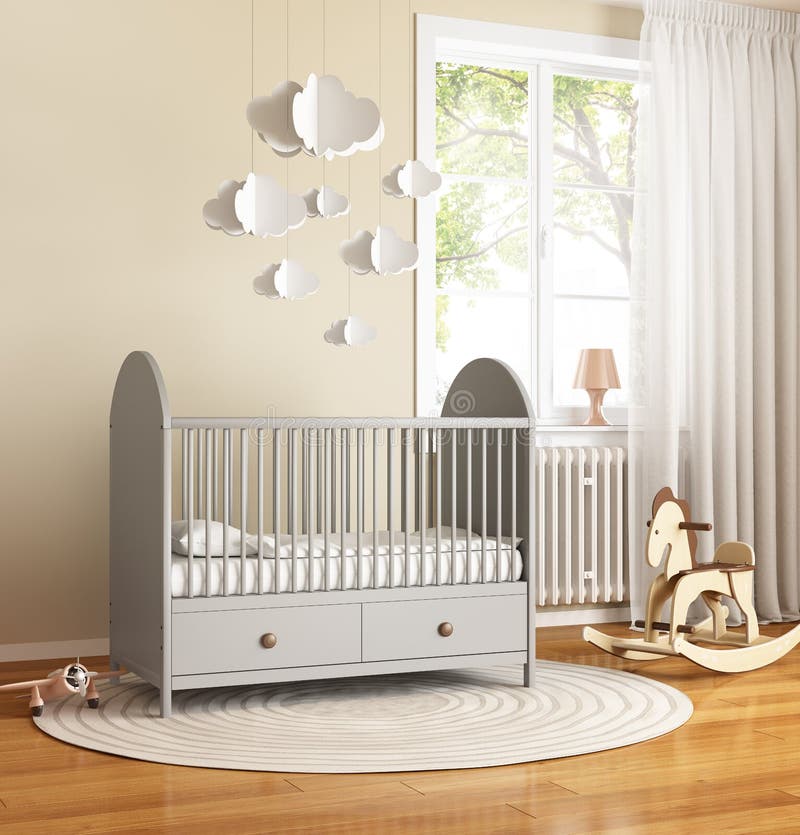 Beige and Grey Nursery Baby Room with Rug Stock Illustration