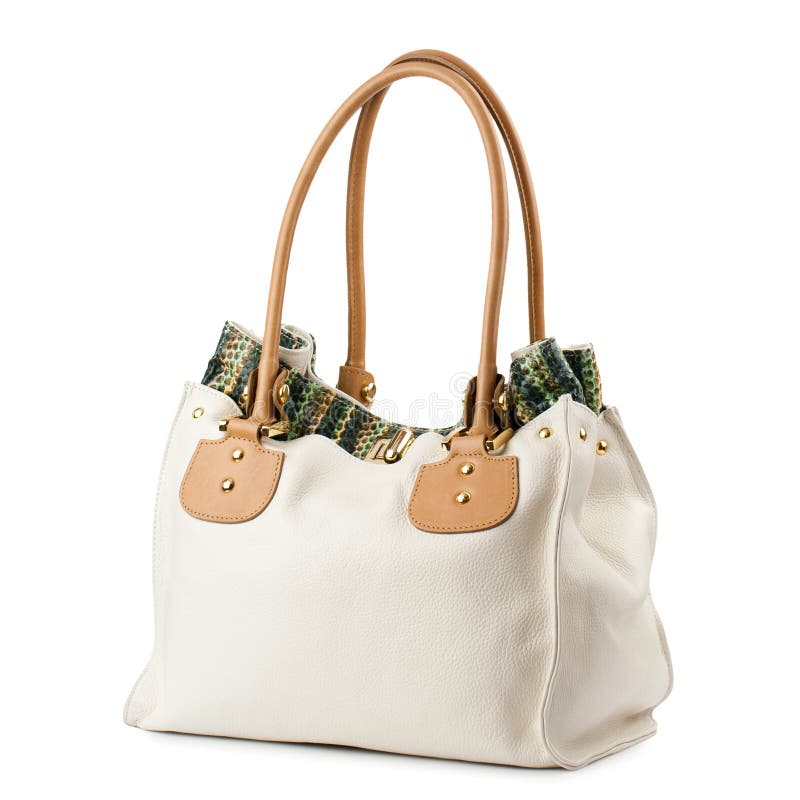 Beige Leather Handbag with Brown Handles Isolated on White. Stock Image