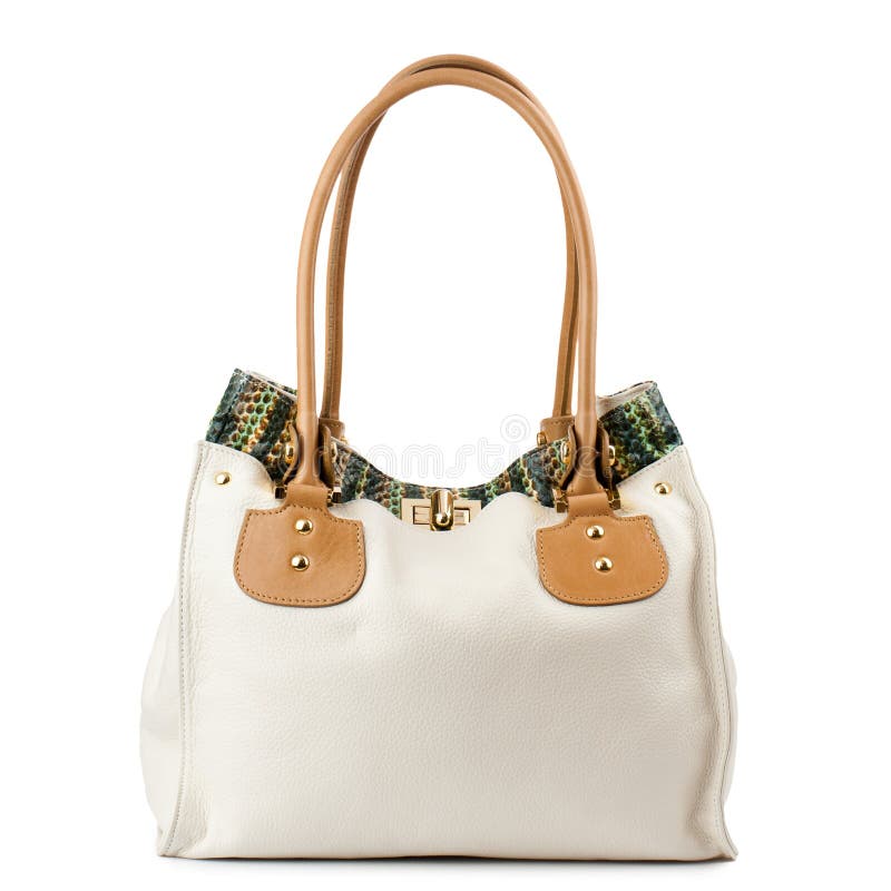 Beige Leather Handbag with Brown Handles Isolated on White. Stock Image ...
