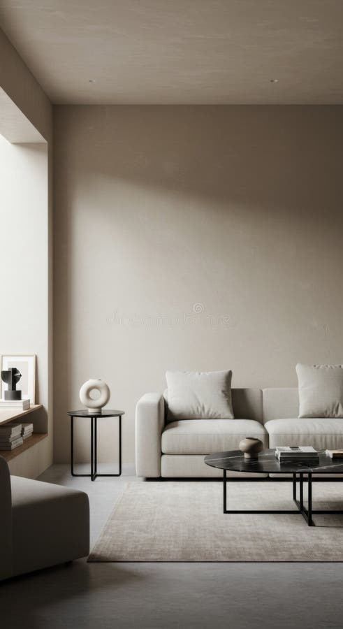 Image showcasing Modern minimalist living room interior design with empty wooden picture ...