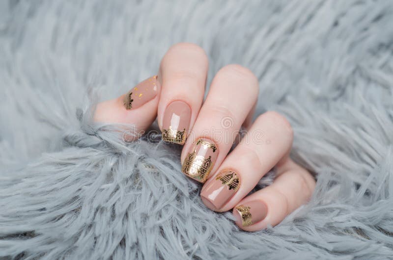 Beige Nude Manicure with Gold Lace Pattern on a Gray Background Stock Image  - Image of elegant, manicured: 167400589