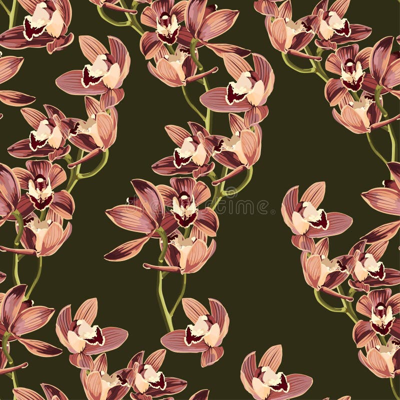 Beige, orchid-braune tropische Blüte, nahtloses Muster, dunkelgrüner Hintergrund stock abbildung