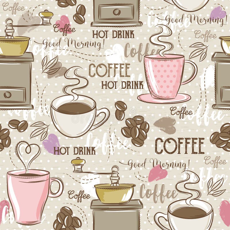 Beige seamless patterns with coffee set,cup, heart, coffee mill