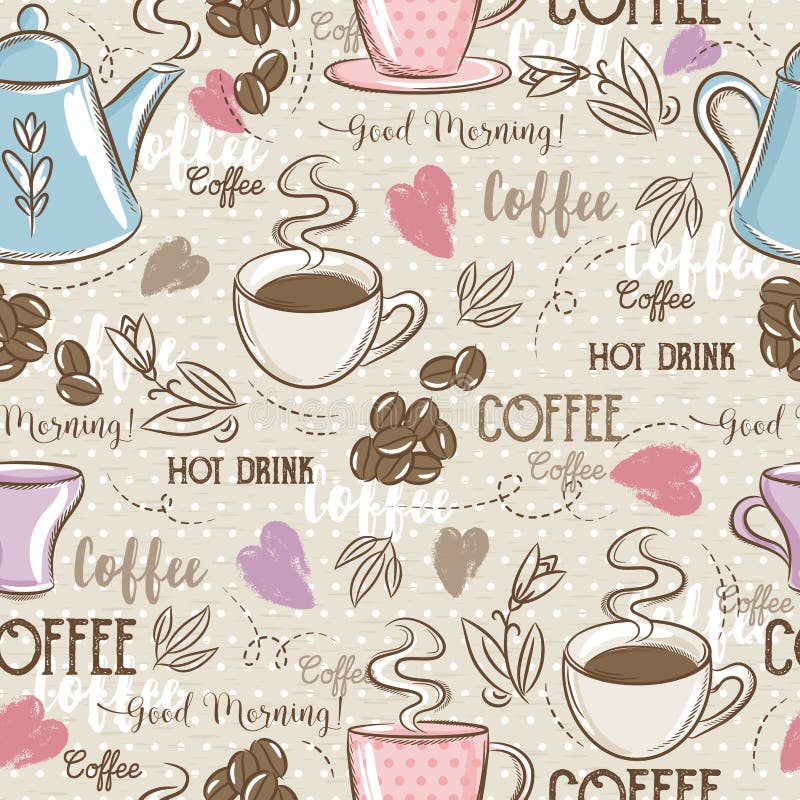 Marcați tipare fără sudură cu floarea inimii din setul de cafea și text. stock illustration