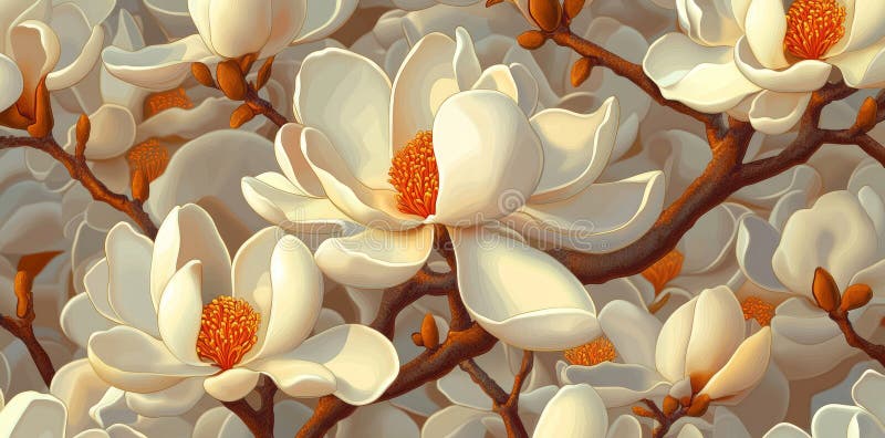 Beige and silver flowers, leaves, and branches in a seamless wallpaper pattern, created with a hand-drawn style texture stock images