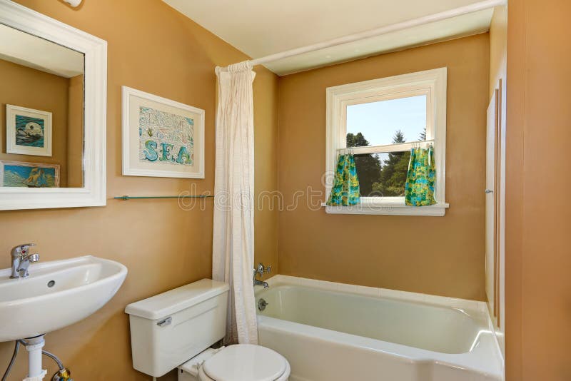 Simple bathroom interior with small window and white bath curtain. Bathtub stand stock images, royalty-free photos and pictures