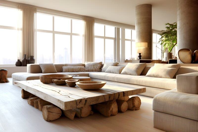 Beige Sofa und rustikaler Couchtisch aus Holz. minimalistische Innenausstattung des modernen Wohnzimmers. ai lizenzfreie abbildung