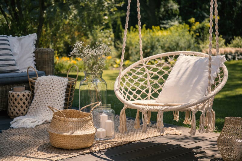 A beige string swing with a pillow on a patio. Wicker baskets, a. Rug and a blanket on a wooden deck in the garden. concept royalty free stock image