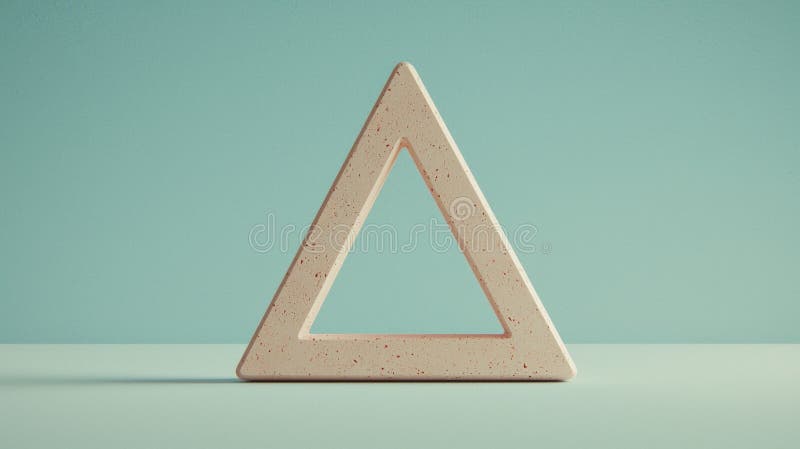 A beige triangle with a speckled texture and a slightly curved base stands on a light green surface against a teal background. stock image