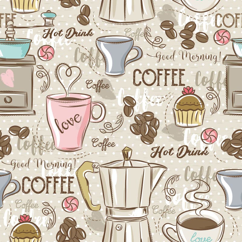 Beigea sömlösa modeller med kaffeuppsättningen, kaffebryggare, muffin vektor illustrationer Beigea sömlösa modeller med kaffeuppsättningen, kaffebryggare, muffin vektor illustrationer