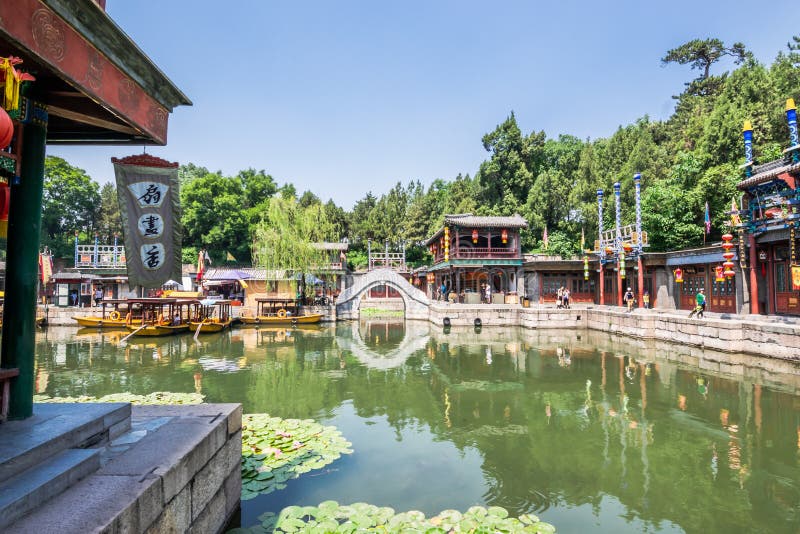 Beijing, China - May 25, 2018: View of Summer Palace, an Imperial Garden, where integrates numerous traditional halls stock photography Beijing, China - May 25, 2018: View of Summer Palace, an Imperial Garden, where integrates numerous traditional halls stock photography
