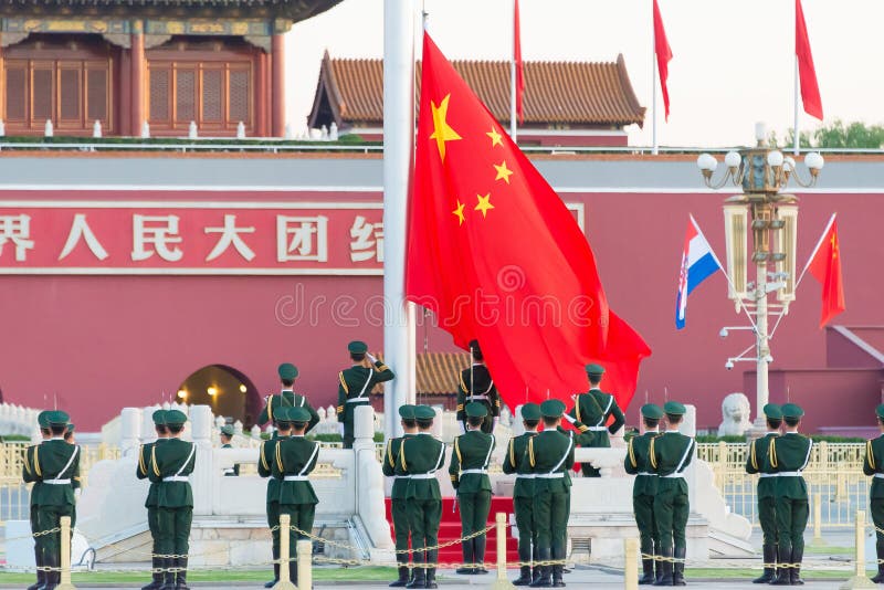 BEIJING, CHINA - Oct 13 2015: Flag Raising Ceremony of Tiananmen Square. a famous historic site in Beijing, China. royalty free stock photos BEIJING, CHINA - Oct 13 2015: Flag Raising Ceremony of Tiananmen Square. a famous historic site in Beijing, China. royalty free stock photos