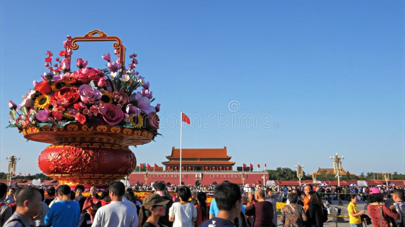 BEIJING, CHINA- OCTOBER, 2 2015: artificial basket of flowers decoration in tiananmen square, beijing