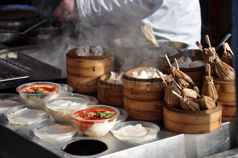 Dumplings and other food at the Food Market in Beijing in China. Dimsum restaurant stock images, royalty-free photos and pictures