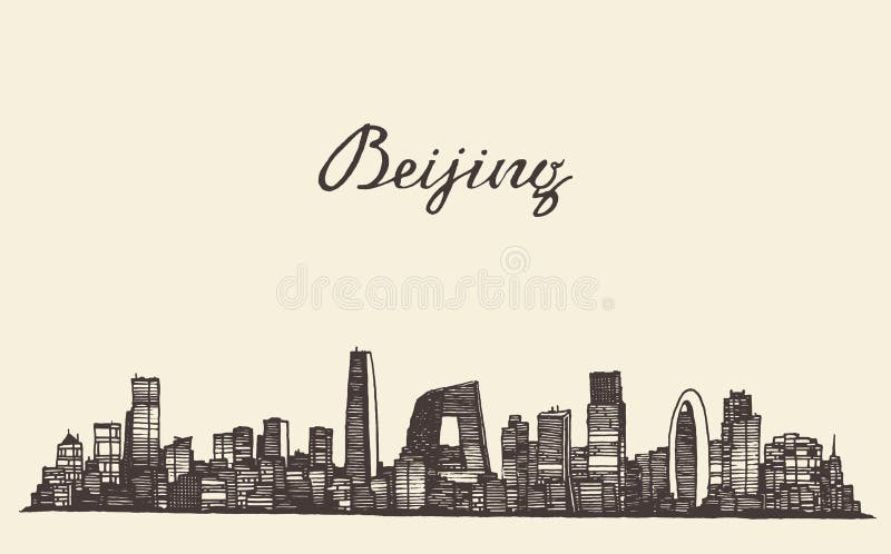 Beijing skyline vector engraved drawn sketch royalty free illustration