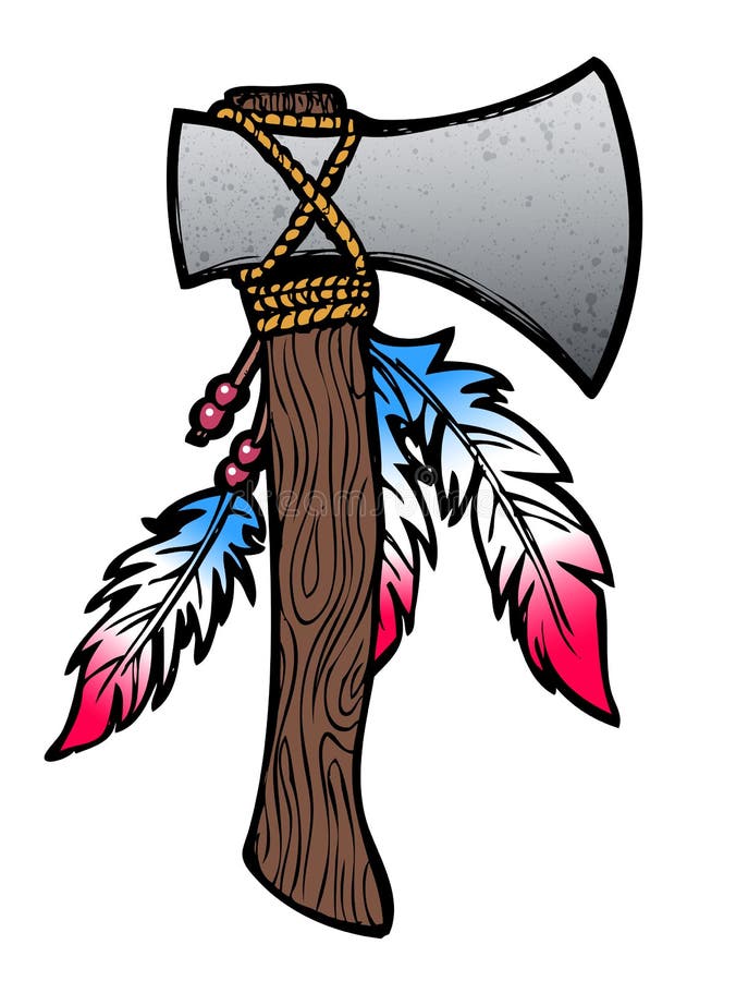 Hatchet axe drawing with feathers and beads. Hatchet axe drawing with feathers and beads