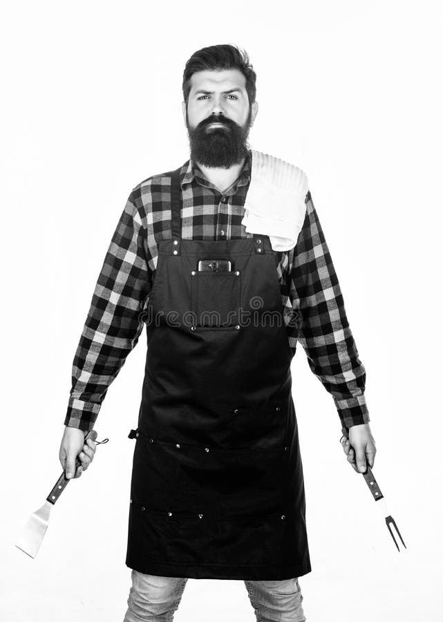 Being Ready For Bbq Party Grill Cook Holding Spatula And Bbq Fork Bearded Man With Bbq Tools 