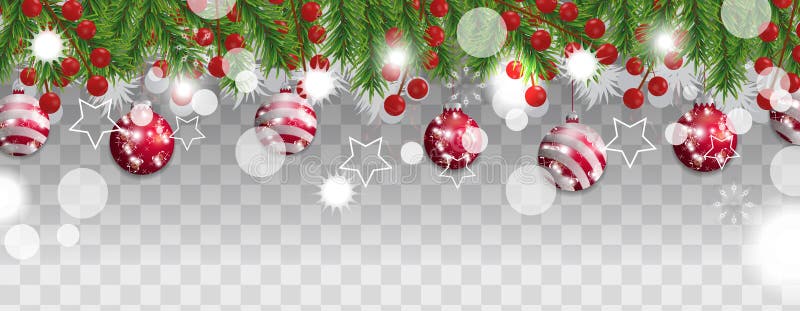Beira do Natal e do ano novo feliz de ramos de árvore do Natal com bolas vermelhas e de bagas do azevinho no fundo transparente