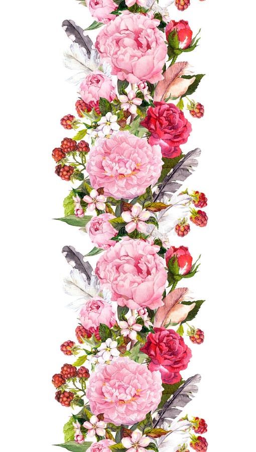 Beira floral com flores, rosas, penas Tira repetida vintage watercolor imagem de stock royalty free Beira floral com flores, rosas, penas Tira repetida vintage watercolor imagem de stock royalty free