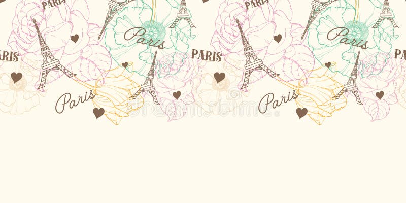 Beira horizontal do teste padrão sem emenda de Paris da torre de Eifel do vetor no estilo do vintage com as flores pasteis bonita ilustração royalty free Beira horizontal do teste padrão sem emenda de Paris da torre de Eifel do vetor no estilo do vintage com as flores pasteis bonita ilustração royalty free