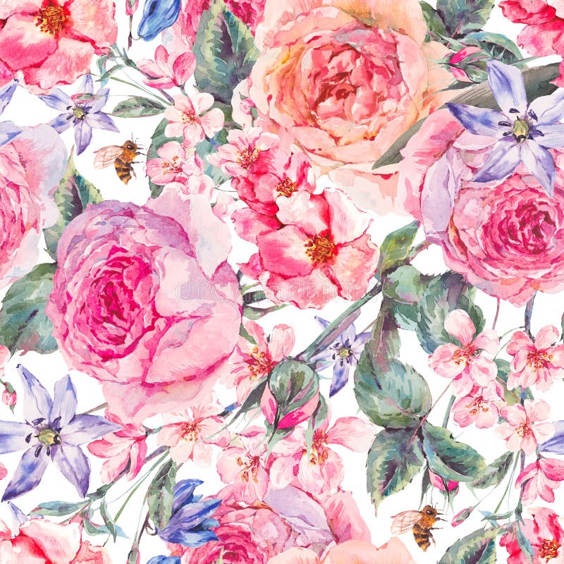 Beira sem emenda da mola da aquarela com rosas inglesas ilustração royalty free Beira sem emenda da mola da aquarela com rosas inglesas ilustração royalty free